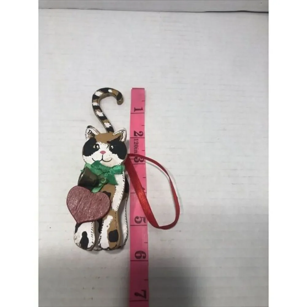 White Cat Wood Ornament Kurt Adler Wooden Kitten BellHeart Christmas Vintage1999